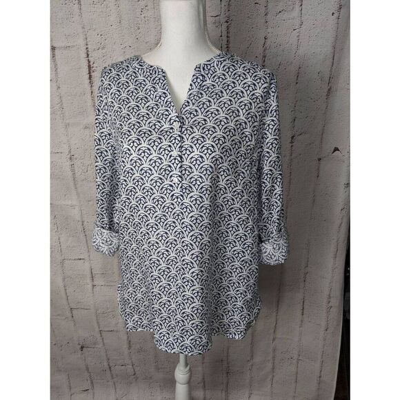 Talbots White Blue Linen Half-Button Long Sleeve Blouse Shirt Top Sz M Medium‎ - Picture 1 of 10